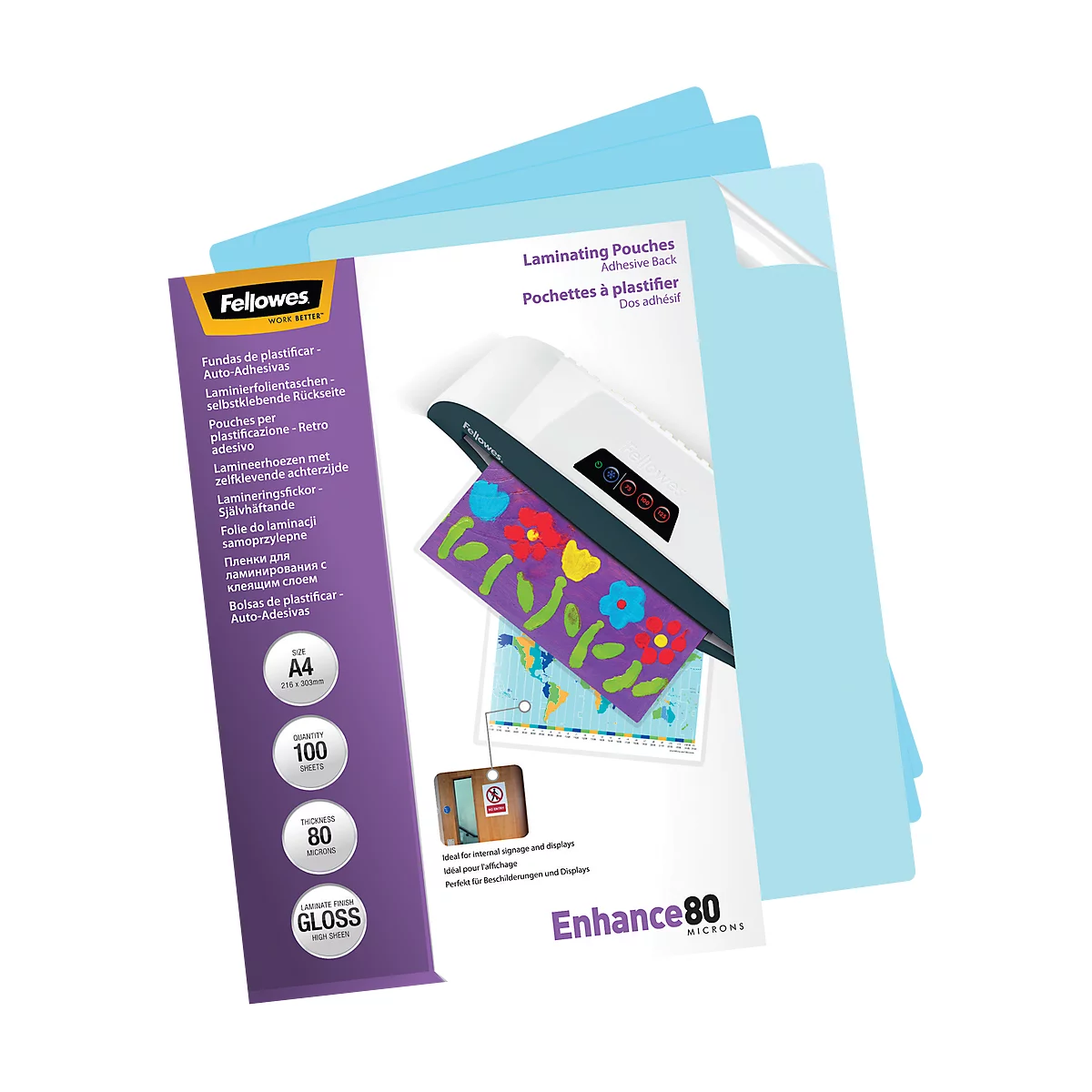 FELLOWES lamineerfolie, zelfklevend, A4, 80 micron, pak van 100 stuks