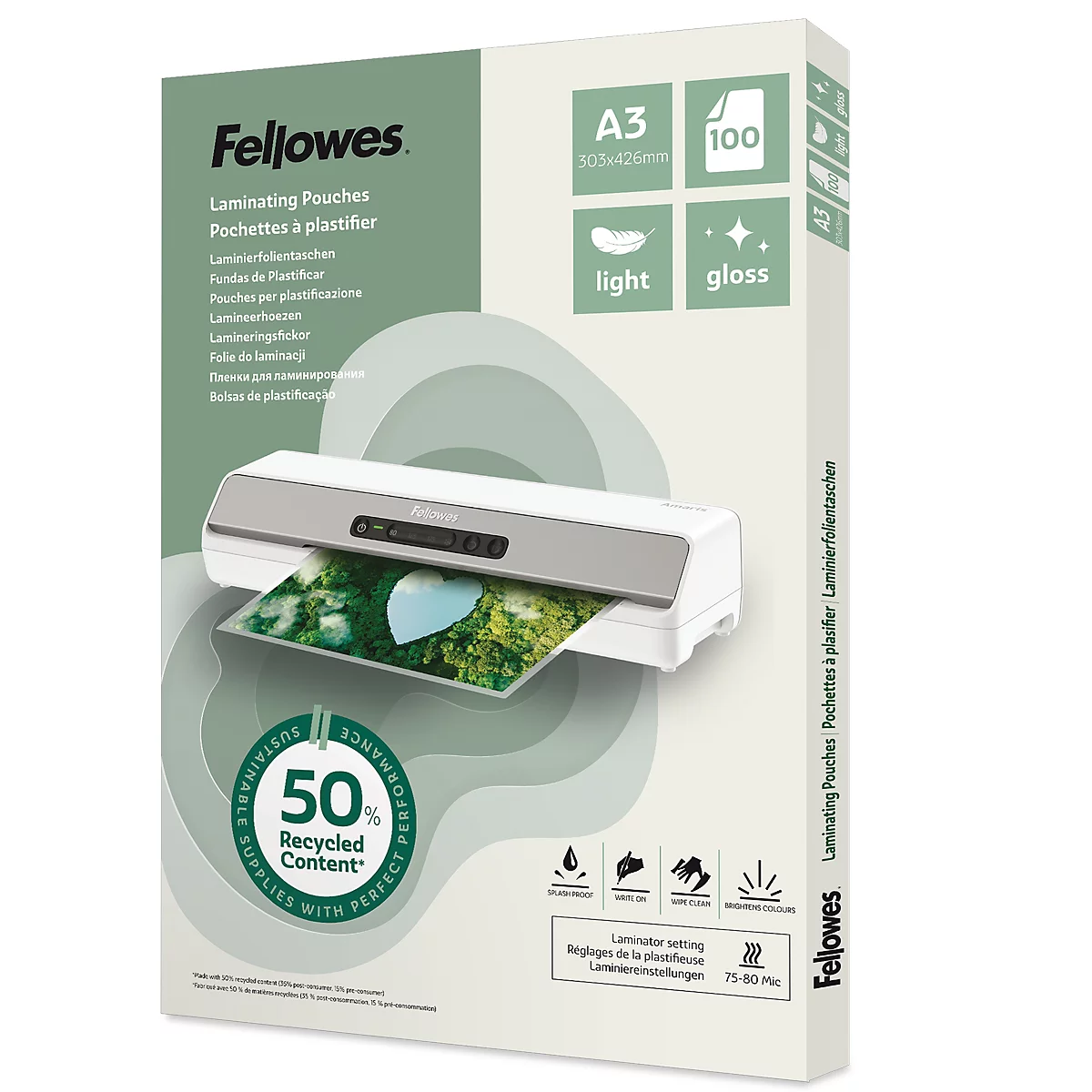 Een verpakking Fellowes lamineerhoezen, A3, 100 vellen, licht en glans. De verpakking toont een lamineermachine die een afbeelding lamineert. 50% gerecycled materiaal.