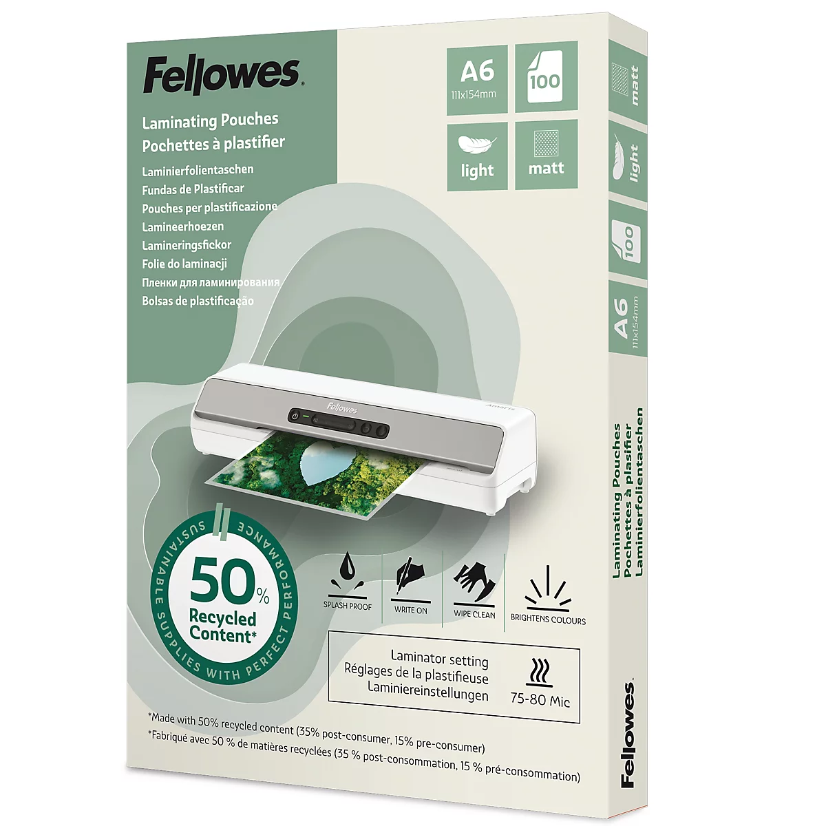 Productverpakking met een lamineermachine die een vel papier lamineert. Op de verpakking staat "Fellowes".