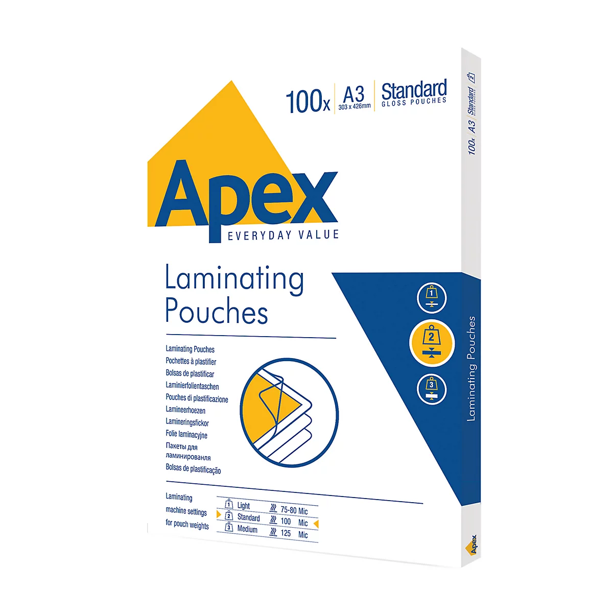 Packung mit 100 Apex A3 Standard Laminierfolien, weißer Karton mit blauem und gelbem Branding.