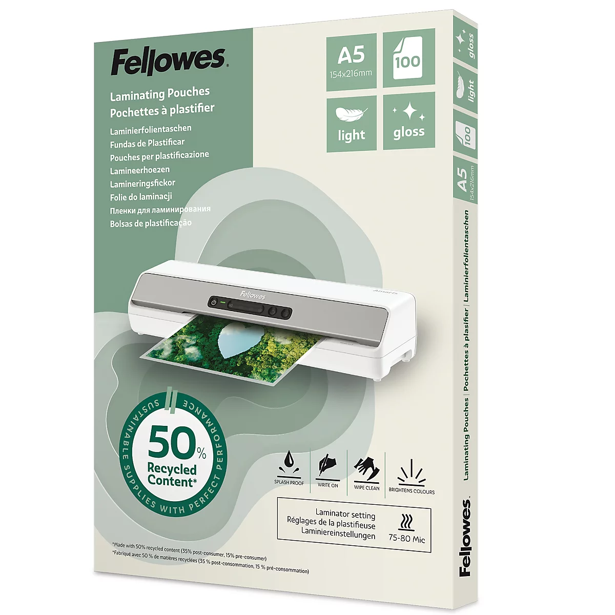 Eine Verpackung Laminierfolien von Fellowes mit einer Abbildung einer Laminierfolie und den Angaben A5, 100 Blatt, light und gloss.