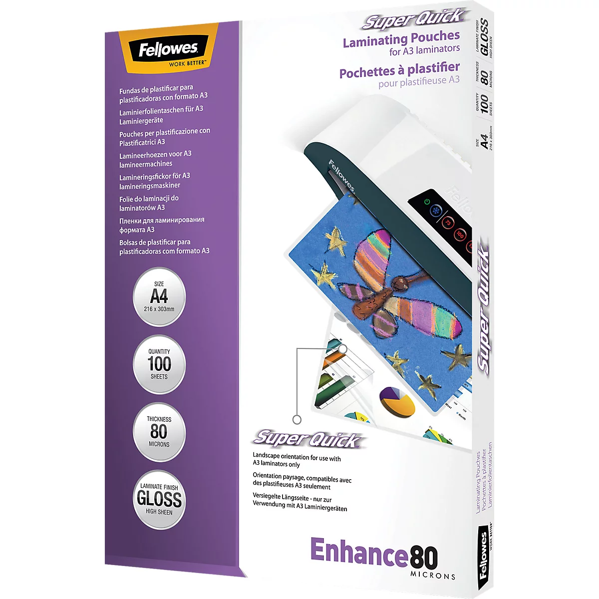 Verpackung von Fellowes SuperQuick A4 Laminierfolien, 80 Mikron, mit einer Abbildung eines Laminiergeräts.