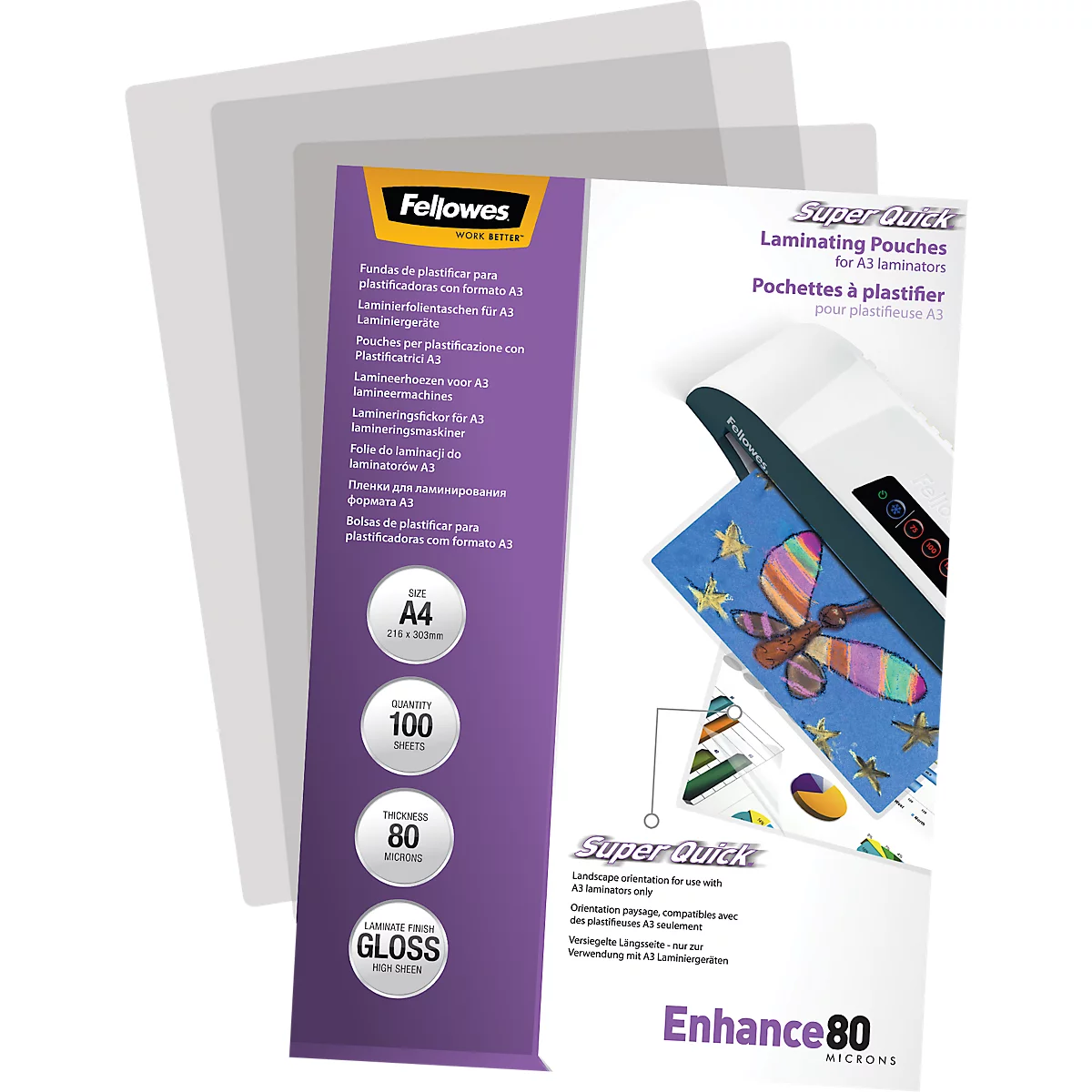 Fellowes Laminierfolien A4, 100 Stück, 80 Mikron Glanz, in einer violetten Produktverpackung.