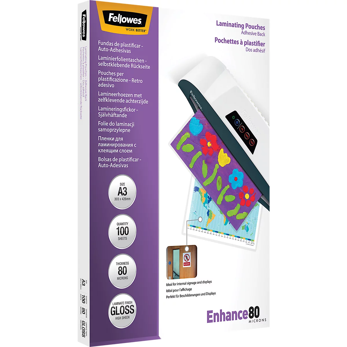 FELLOWES Laminierfolien, selbstklebend, DIN A3, 80 mic., 100 Stück