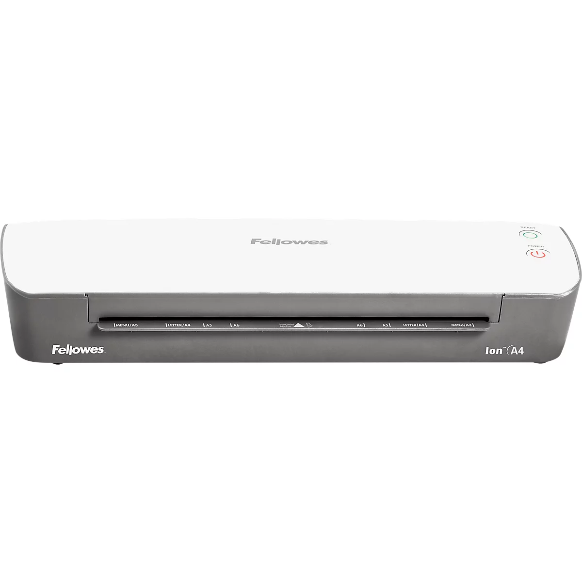 Grau-weißer Laminator von Fellowes; Bedienknöpfe oben rechts; Schriftzug Fellowes; Ion A4.