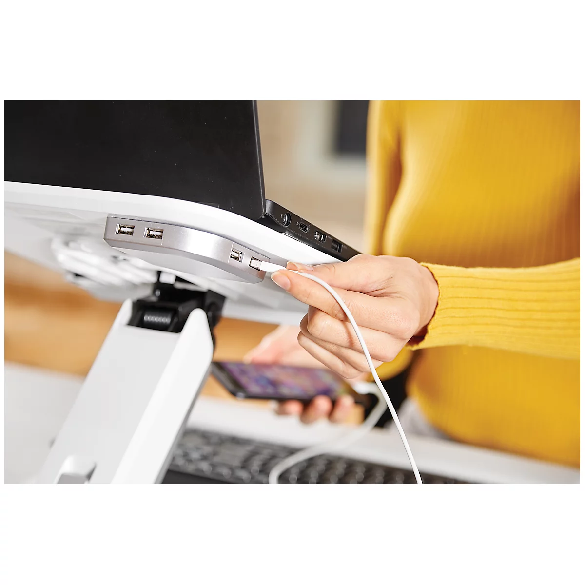 Fellowes Laptopstandaard Hana™, tot 17 inch en 4,5 kg, in hoek en hoogte verstelbaar, 90° draaibaar, USB-poorten, wit