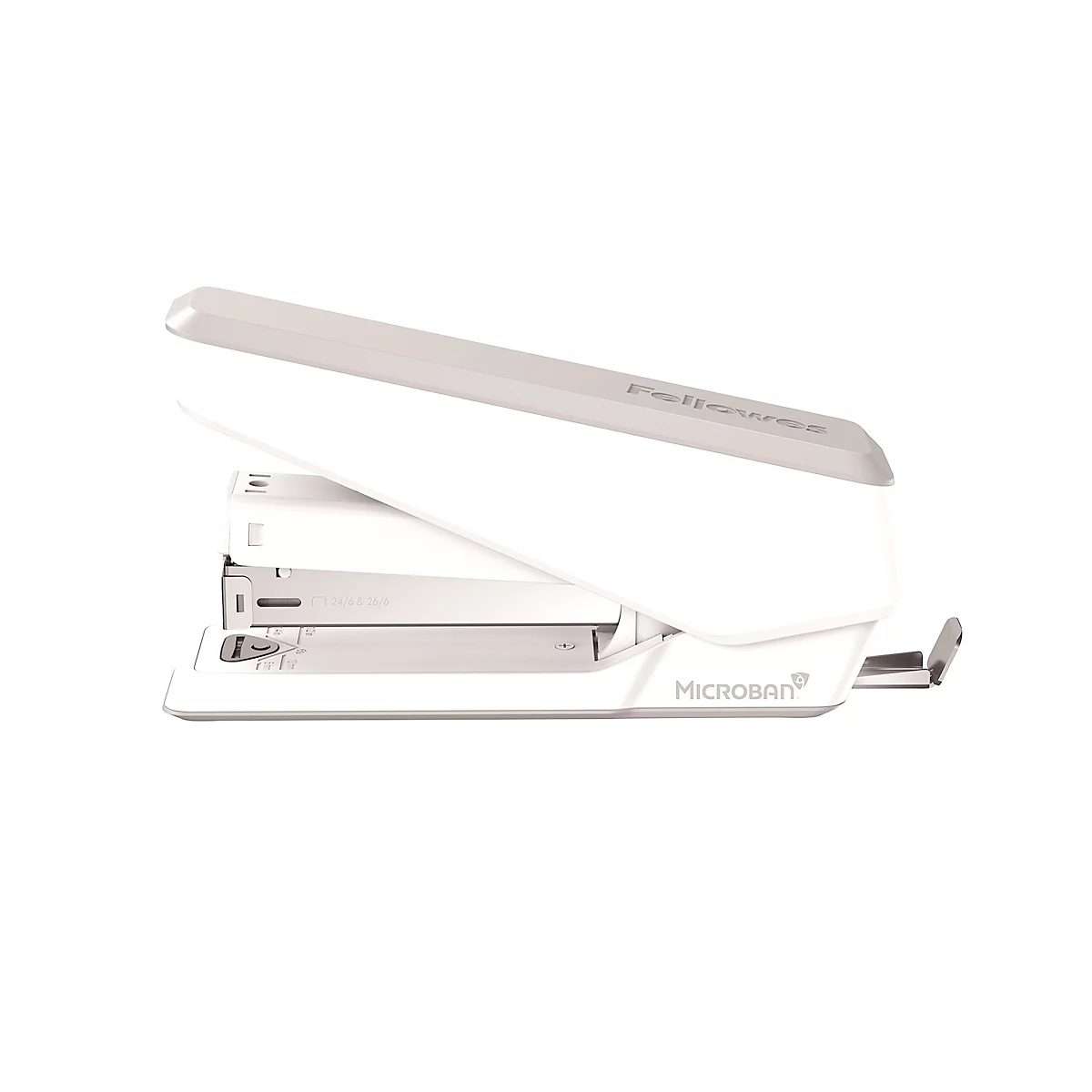 Fellowes LX850™ nietmachine, stevige strips, tot 25 vel, 24/6 of 26/6 nietjes, Microban® antibacteriële technologie, wit