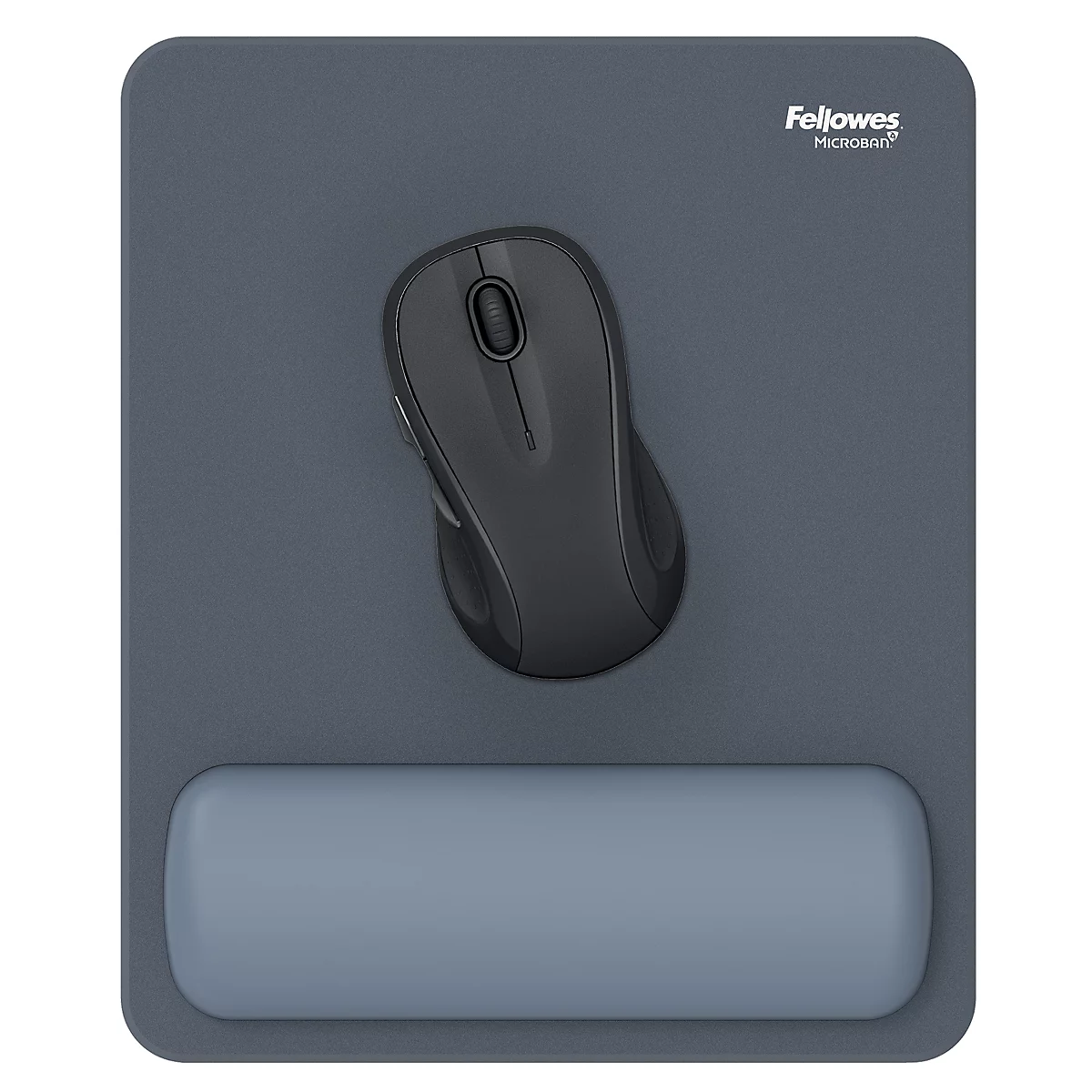 Graues Schreibtisch-Set mit Handgelenkstützen und Mauspad. Die Gegenstände liegen auf weißem Hintergrund.