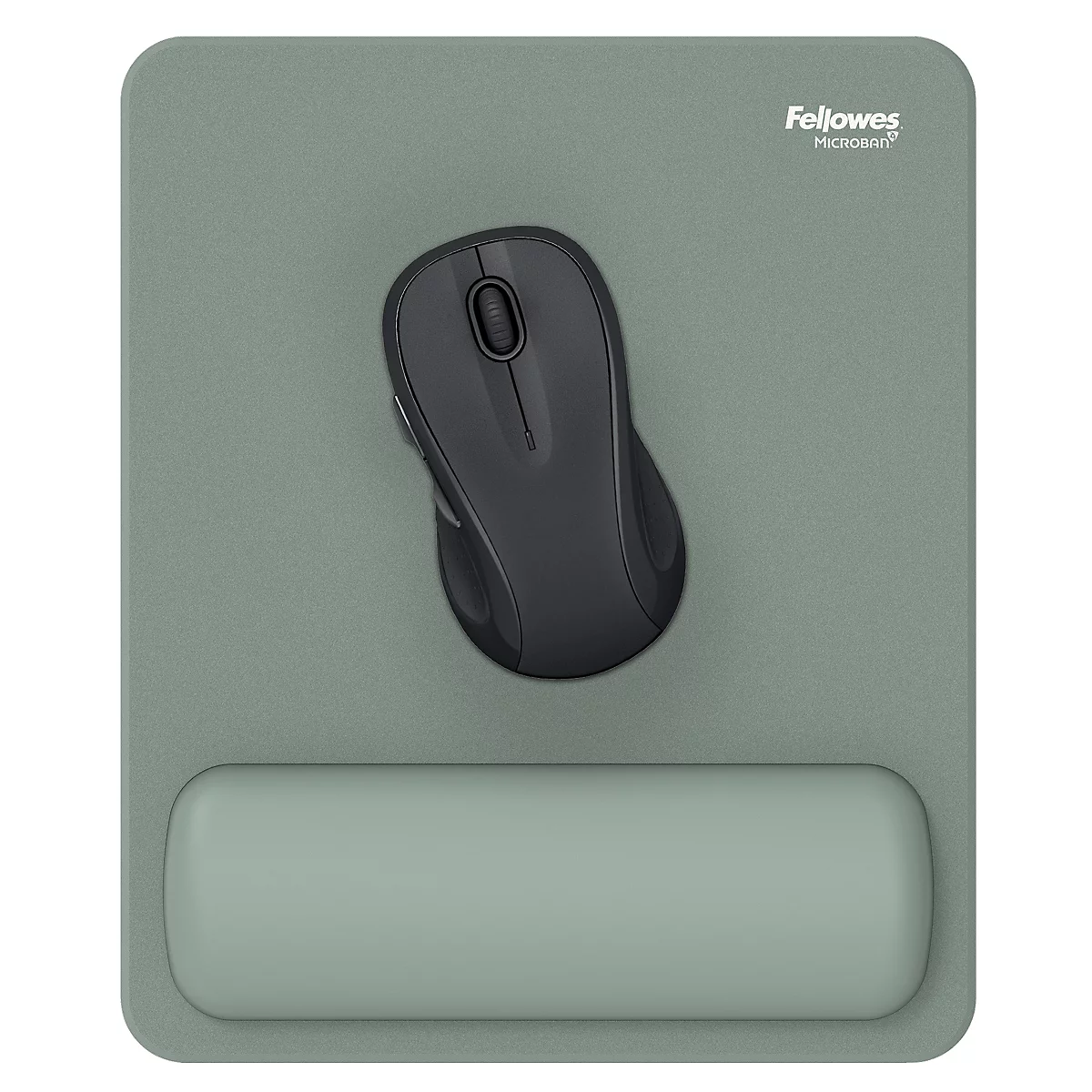 Hellgraues Mauspad und Zubehör-Set, verschiedene Formen. Aufdruck: Fellowes.