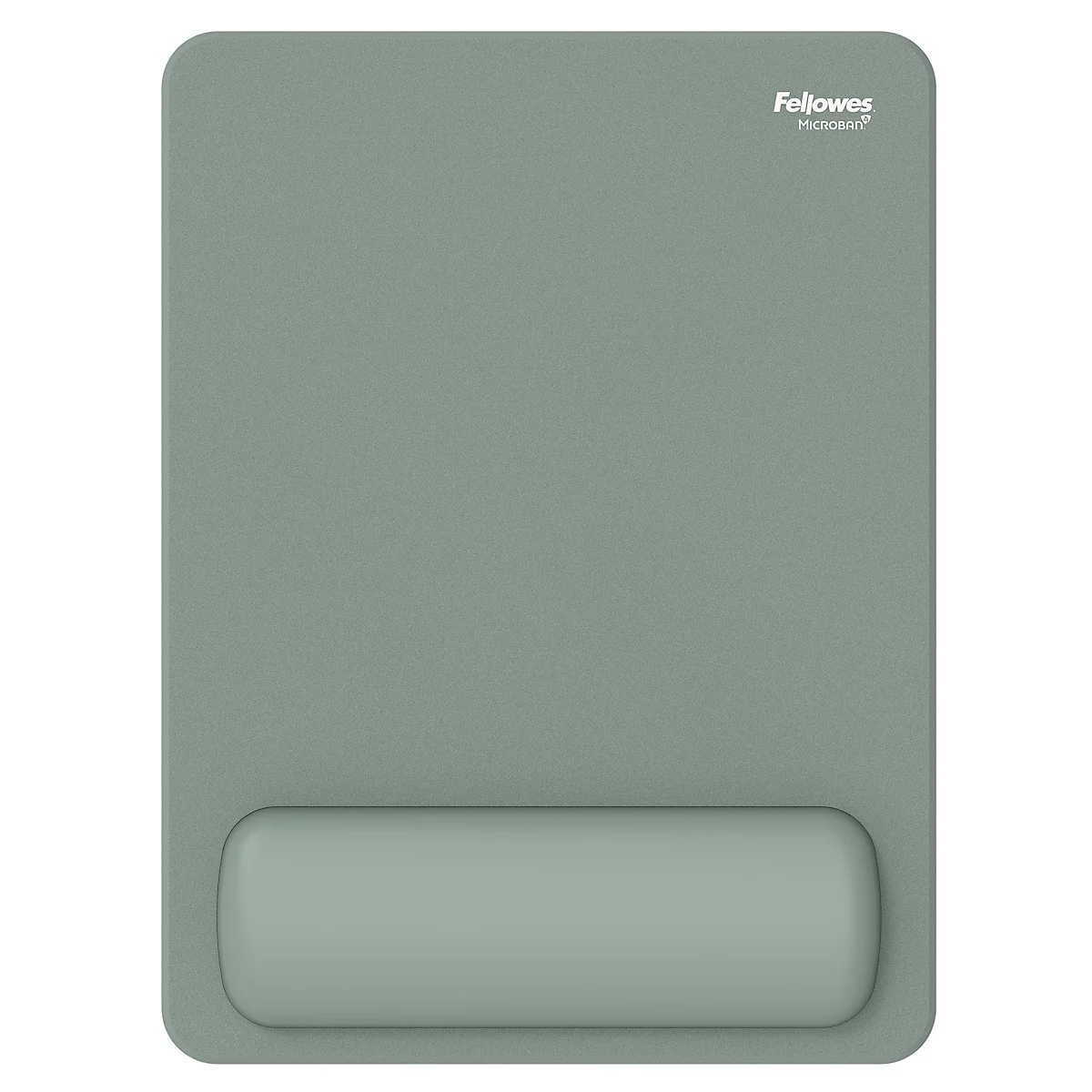 Ein graues Mauspad mit Handgelenkauflage. Oben rechts steht "Fellowes".