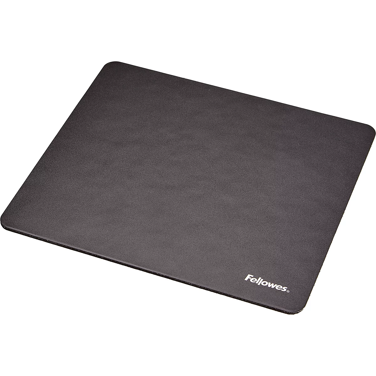 Schwarzes rechteckiges Mousepad mit abgerundeten Ecken, Hersteller Fellowes.
