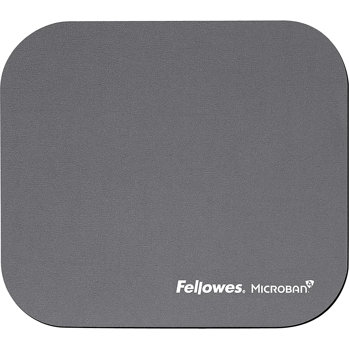Graues Mousepad mit abgerundeten Ecken, Herstellerlogo "Fellowes. MICROBAN".