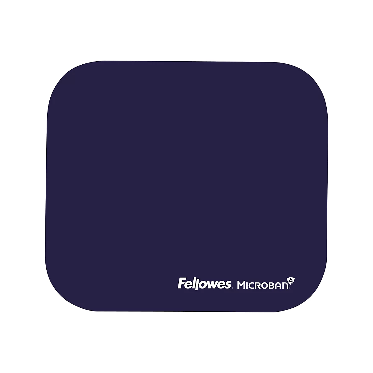 Dunkelblaues Mousepad mit abgerundeten Ecken. Unten rechts Logo von Fellowes Microban.