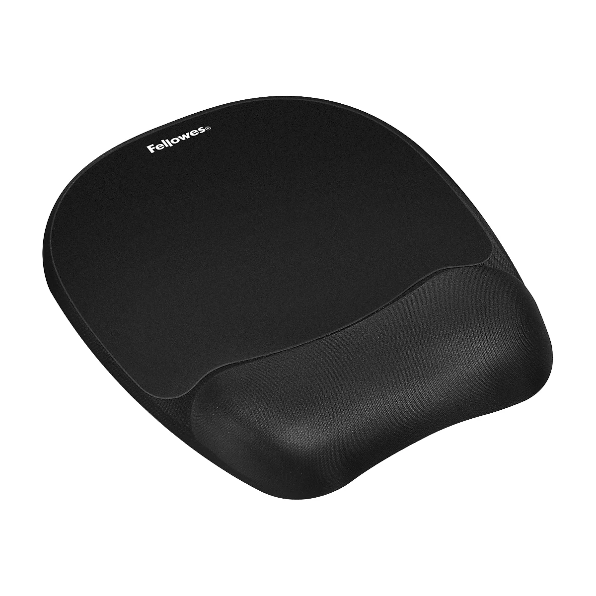 Black ergonomic mouse pad with wrist support, logo of Fellowes.