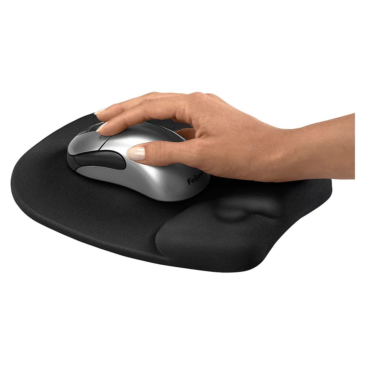 Hand on ergonomic mouse with wrist rest.