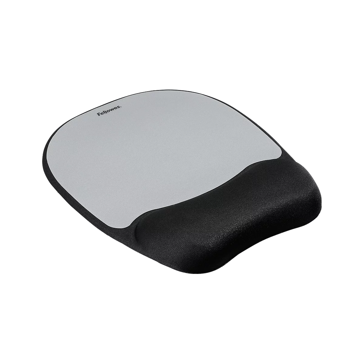 Gray mouse pad with black wrist rest. The pad says "Fellowes."