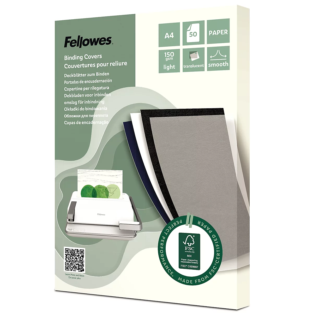 Verpakking Fellowes inbindkaften A4-formaat, 50 vellen, 150g, met FSC-certificering.