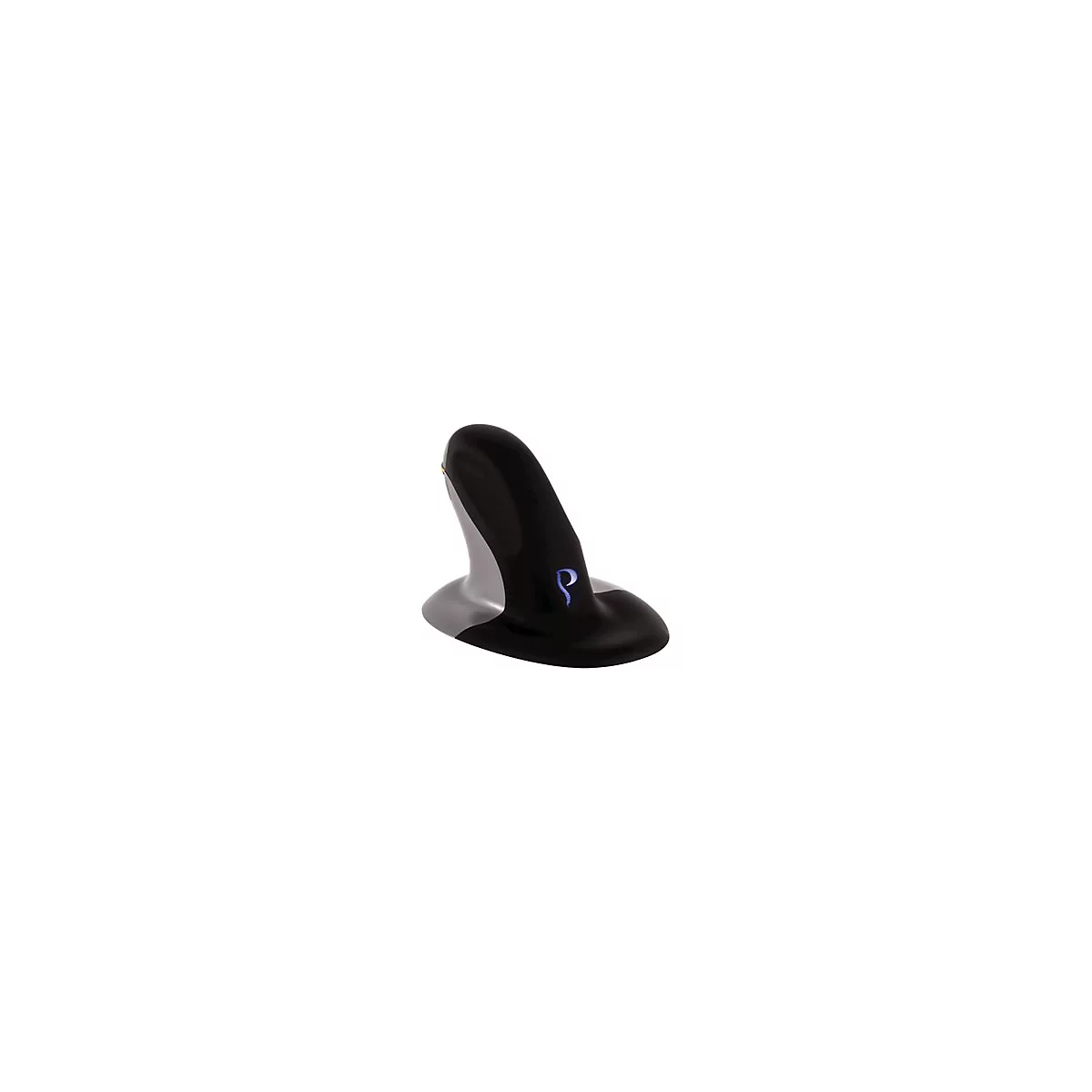 Ergonomische Maus in Schwarz und Silber. Obenauf das blaue 'P' Logo.