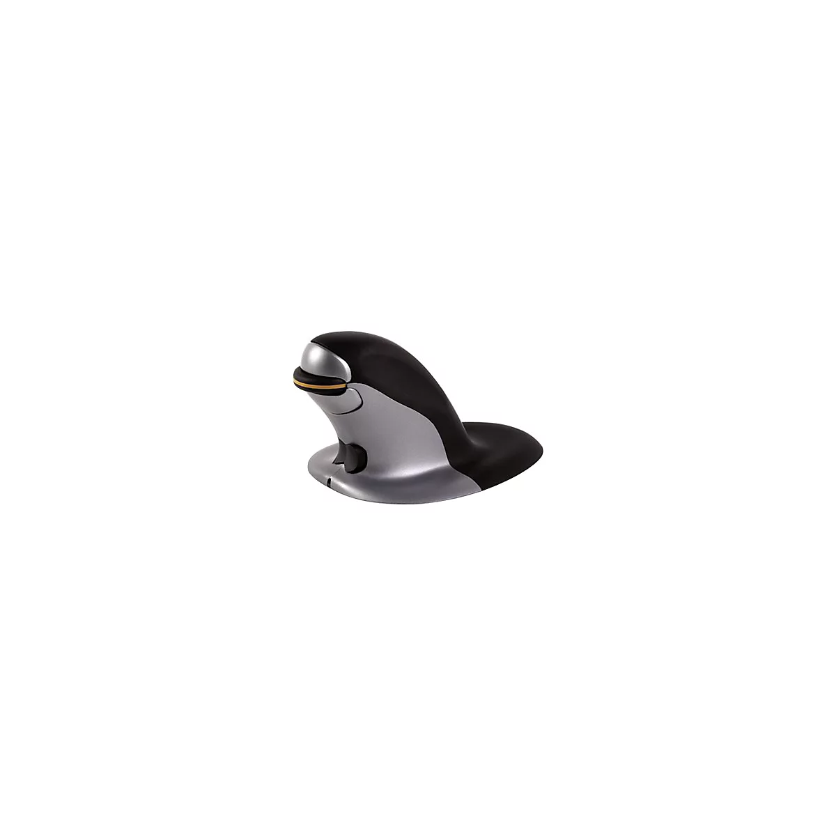Ergonomische Maus in Schwarz und Silber, mit gelbem Akzent. Die Maus hat eine ungewÃ¶hnliche Form, die Hand bequem positioniert.