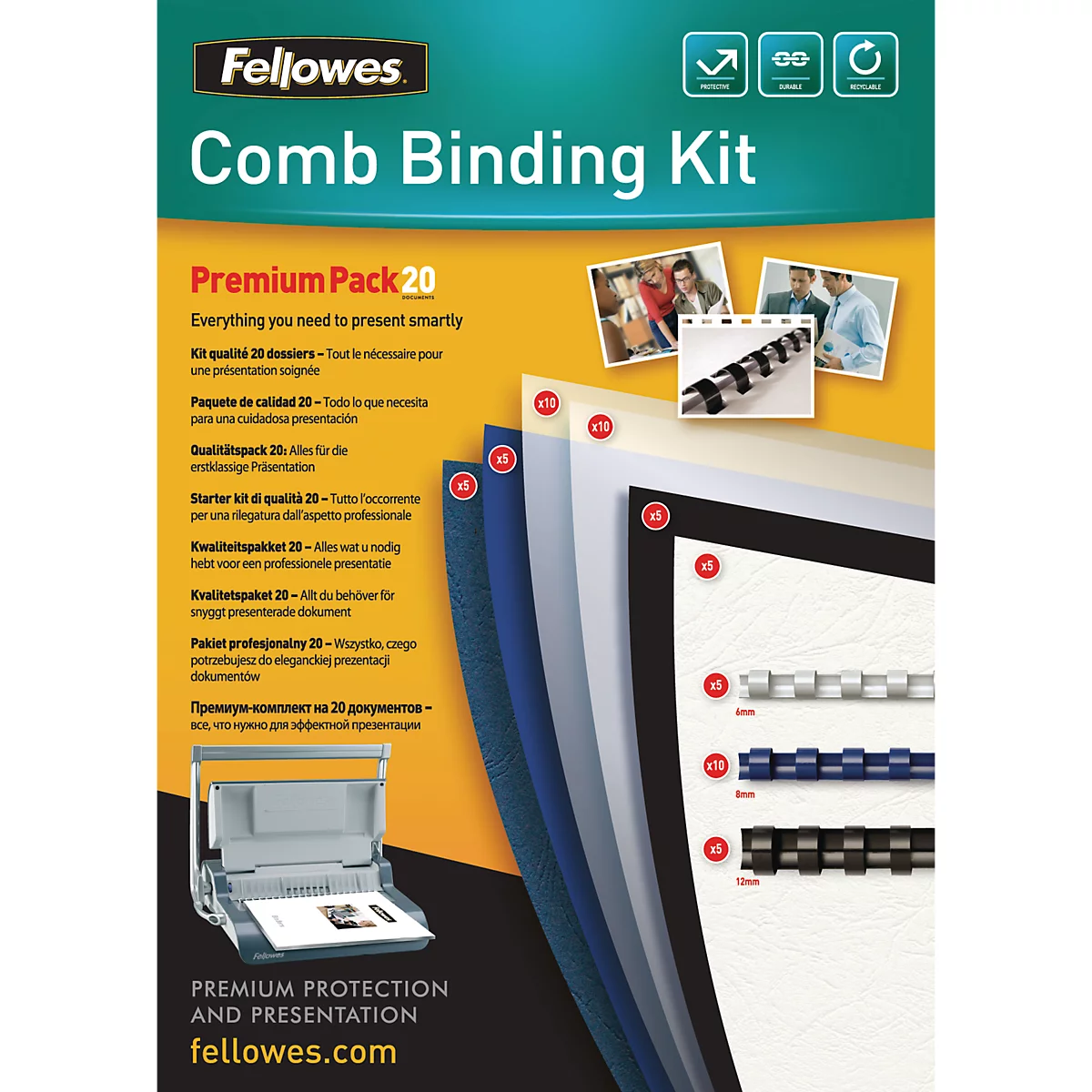 Fellowes plastic binding Premium Kit, inbindruggen en dekbladen, voor 20 documenten