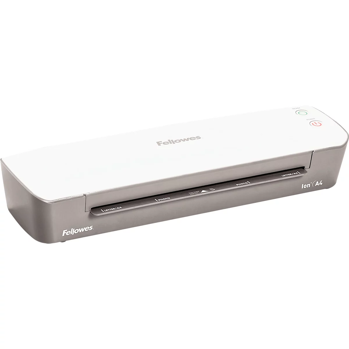 Fellowes® Plastifieuse ION A4, pour épaisseur de film 80-125 μ, 300 mm/min, avec kit de démarrage pour 10 plastifications A4, argent-blanc