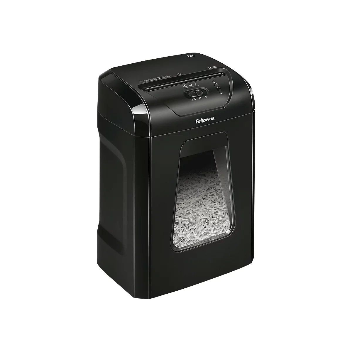 Black Fellowes paper shredder, partially filled with shredded paper, visible window.