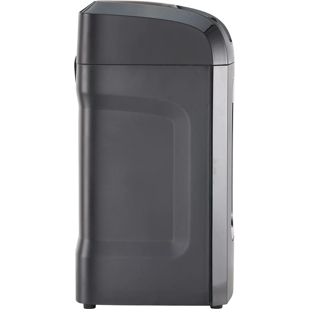 Side view of a dark, rectangular shredder with a rounded top.