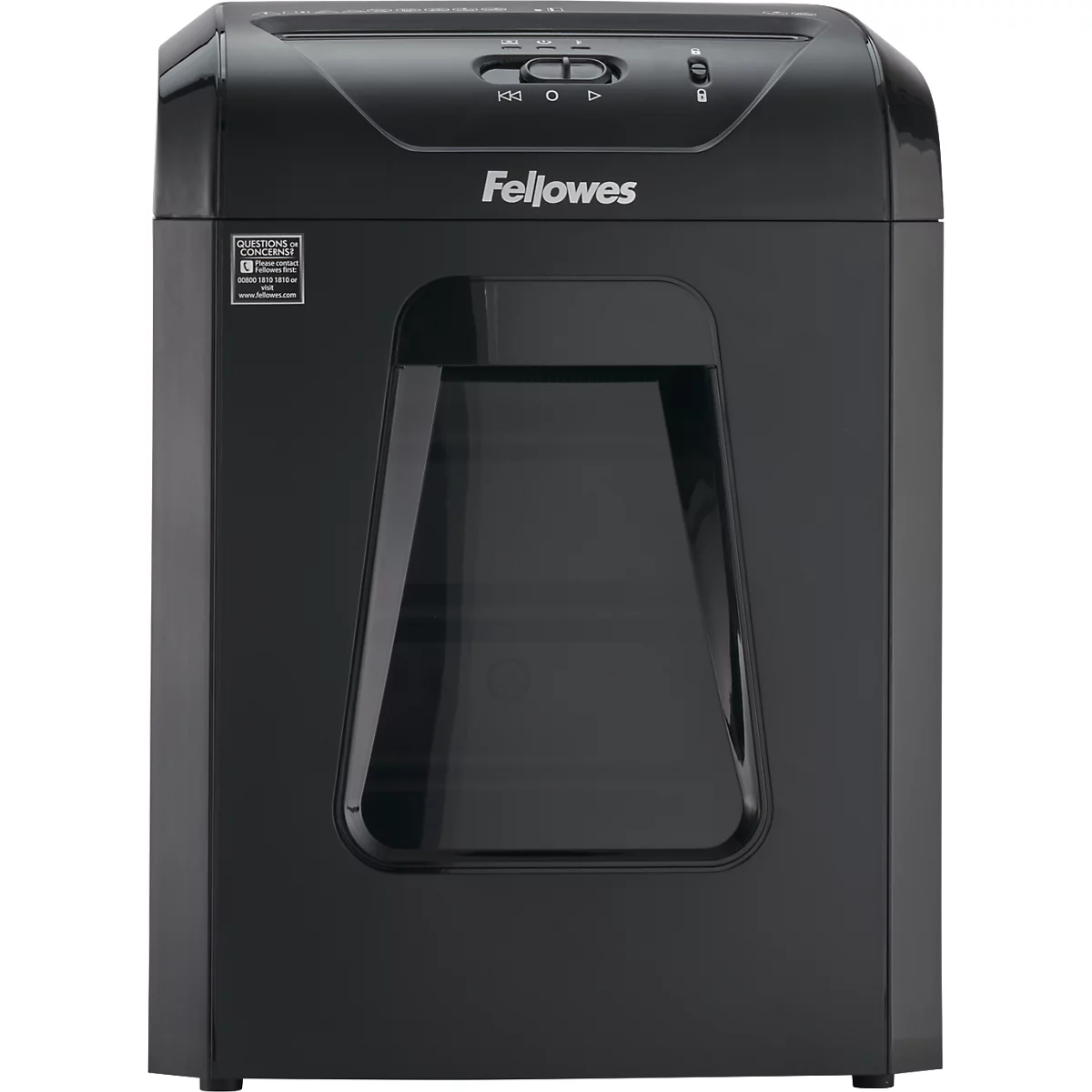 Black paper shredder with controls and viewing window. Fellowes lettering.