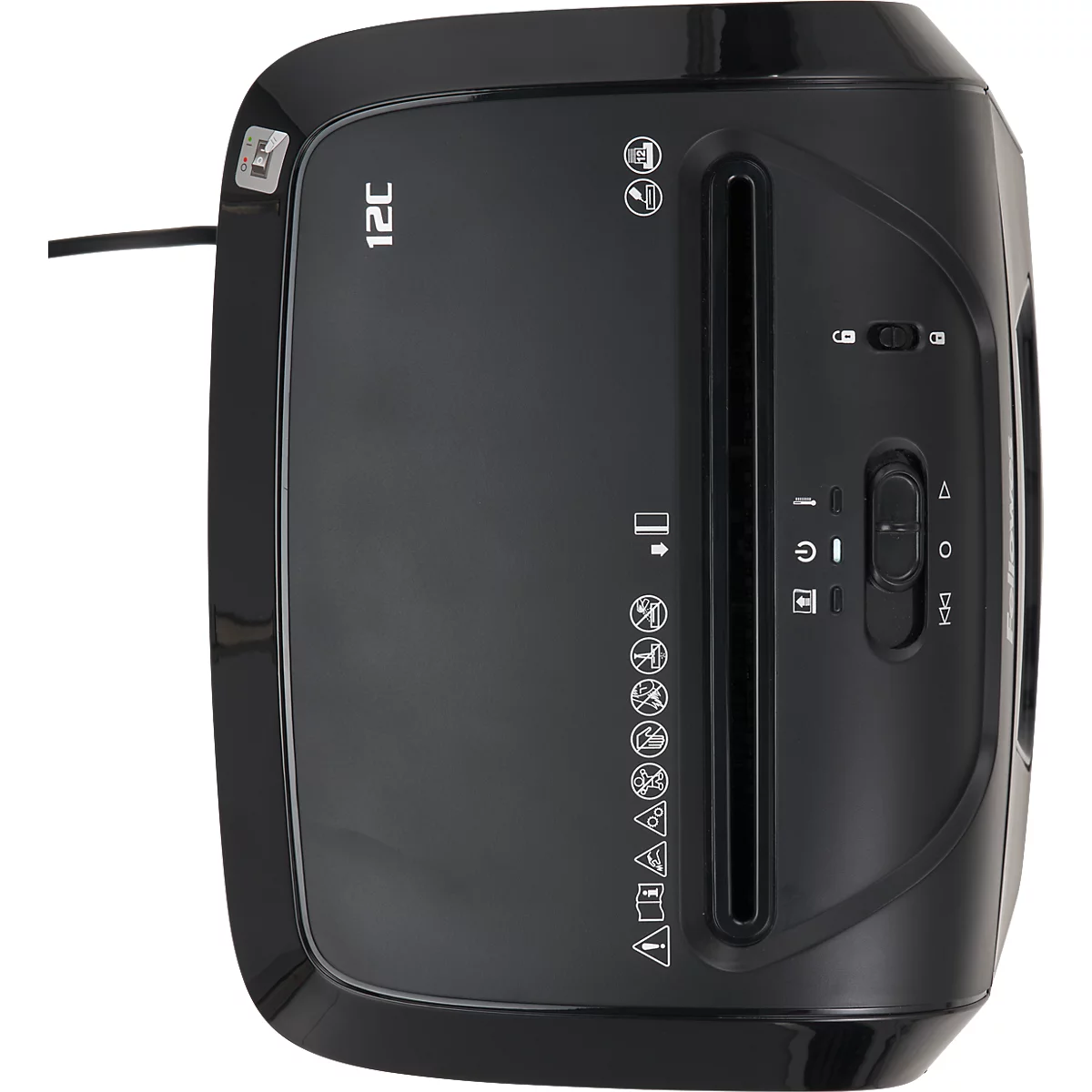 Black paper shredder, top view. Control panel with various symbols and an on/off switch. Model name "12C".