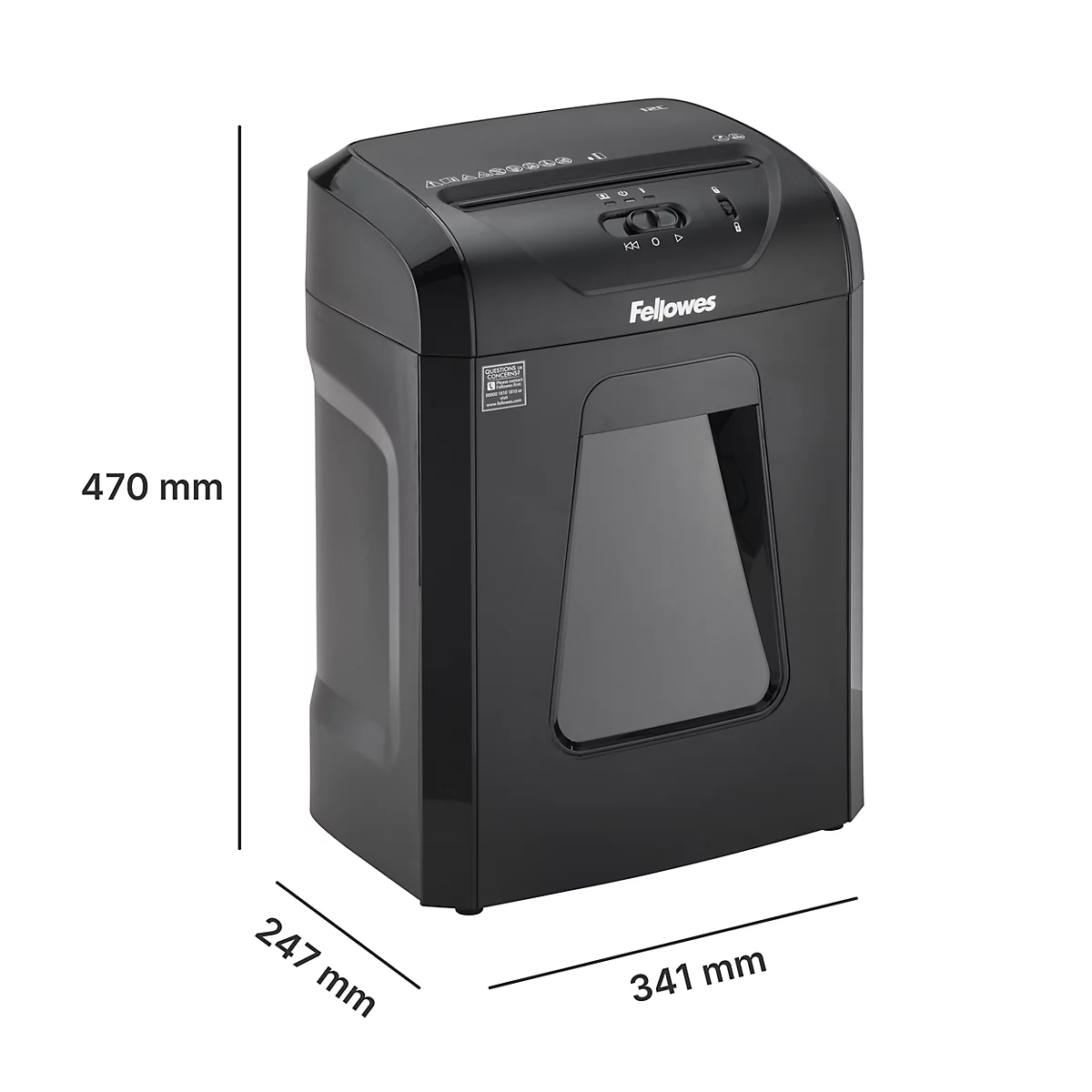 Black paper shredder. Dimensions: 470 x 247 x 341 mm. Fellowes logo.