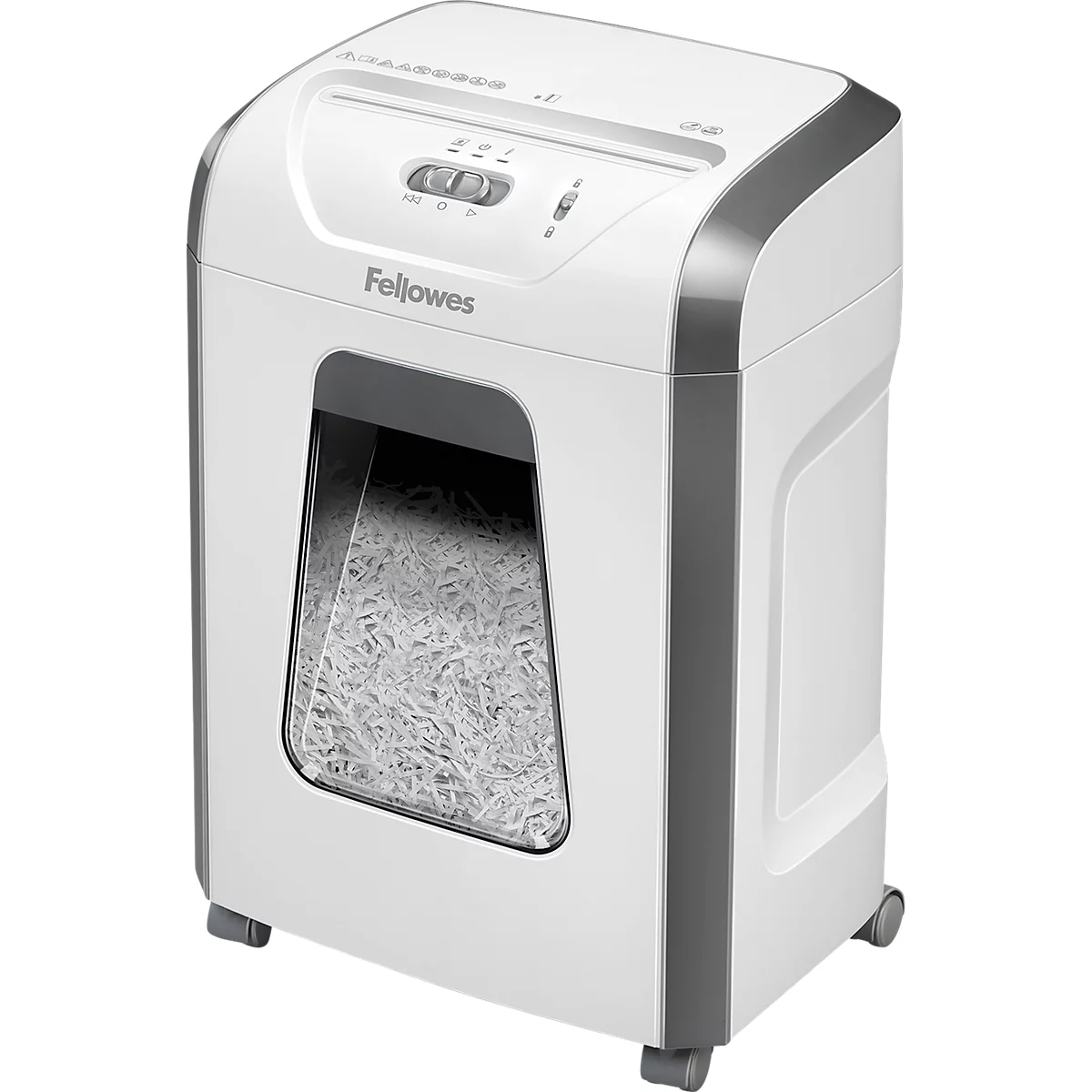 White paper shredder with control panel, collection container for shredded paper. Brand: Fellowes.