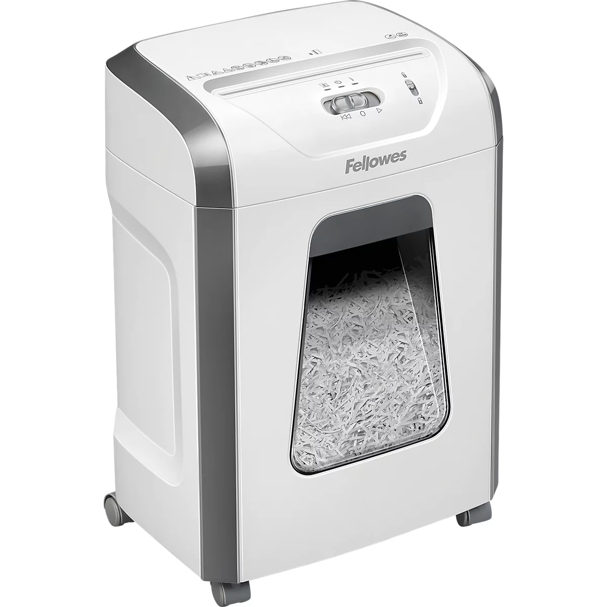 White paper shredder with gray accents. The viewing window shows shredded paper. "Fellowes" is written on the device.