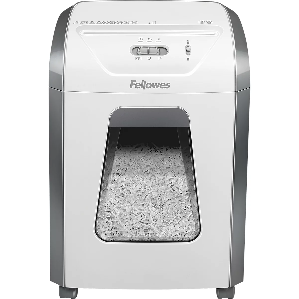 A white paper shredder with a transparent window filled with shredded paper. The word 'Fellowes' is visible on the front.