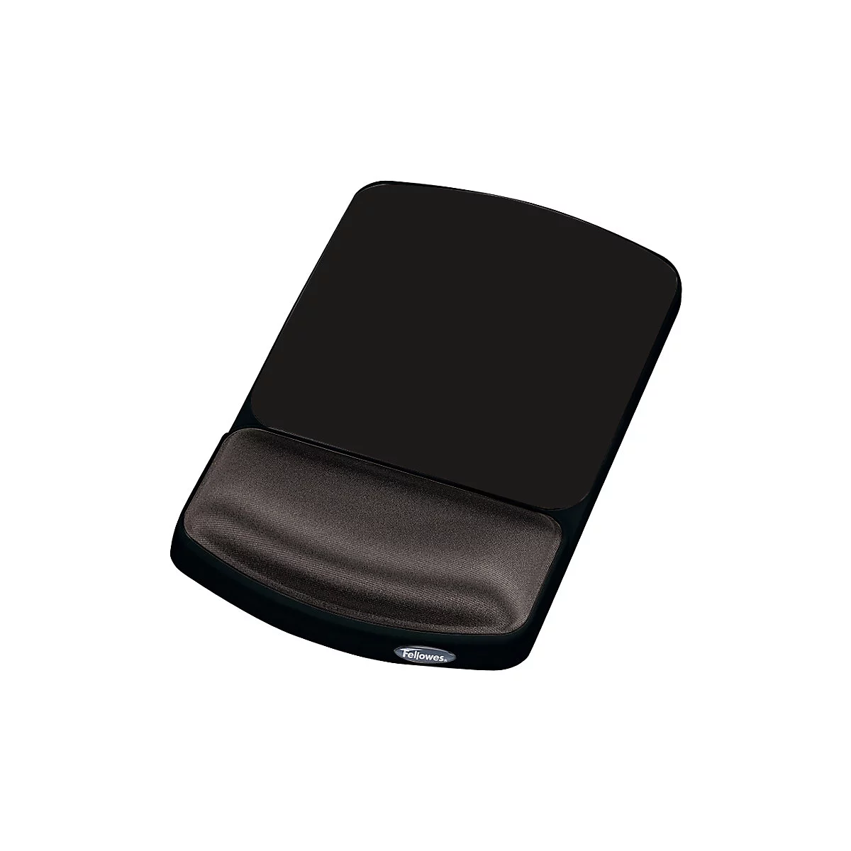 Schwarzes, rechteckiges Mousepad mit Handgelenkauflage. Auf dem Pad befindet sich ein grauer Schriftzug.