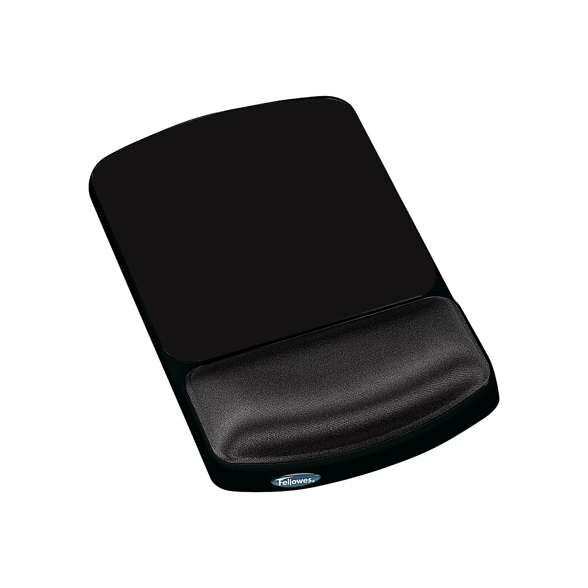 Schwarzes ergonomisches Mauspad mit Handgelenkauflage. Logo auf der Vorderseite.