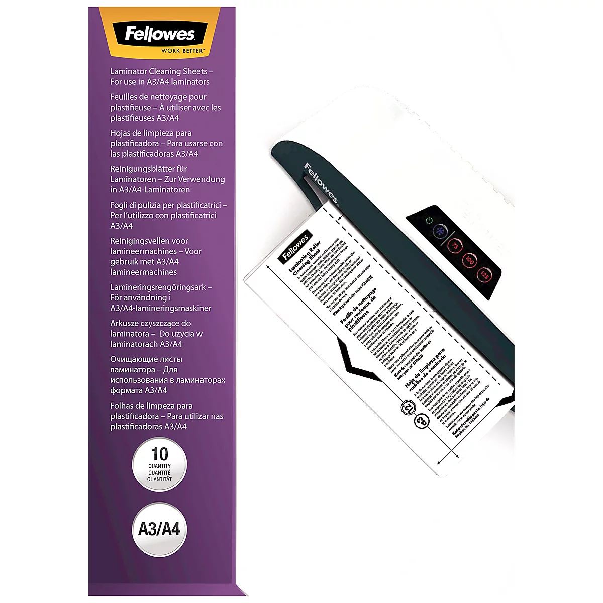 Reinigungstücher und Laminiergerät. Aufdruck mit Produktinformationen in verschiedenen Sprachen. 10 Stück.