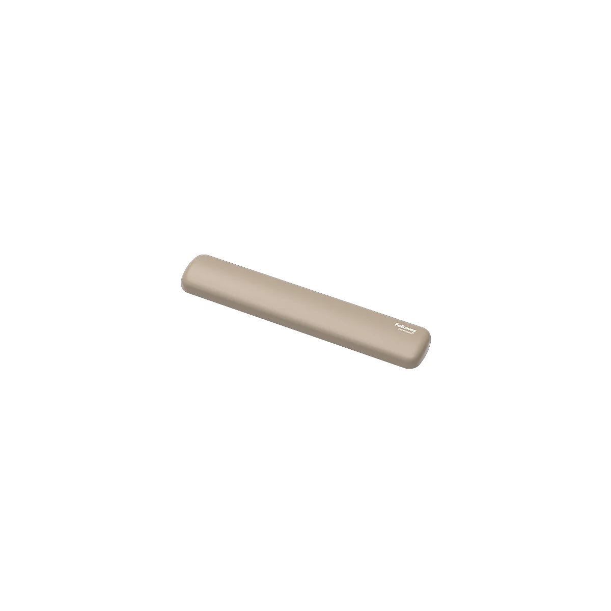 Repose-poignet beige pour clavier, forme arrondie. Au bout se trouve le nom de l'entreprise Fellowes.