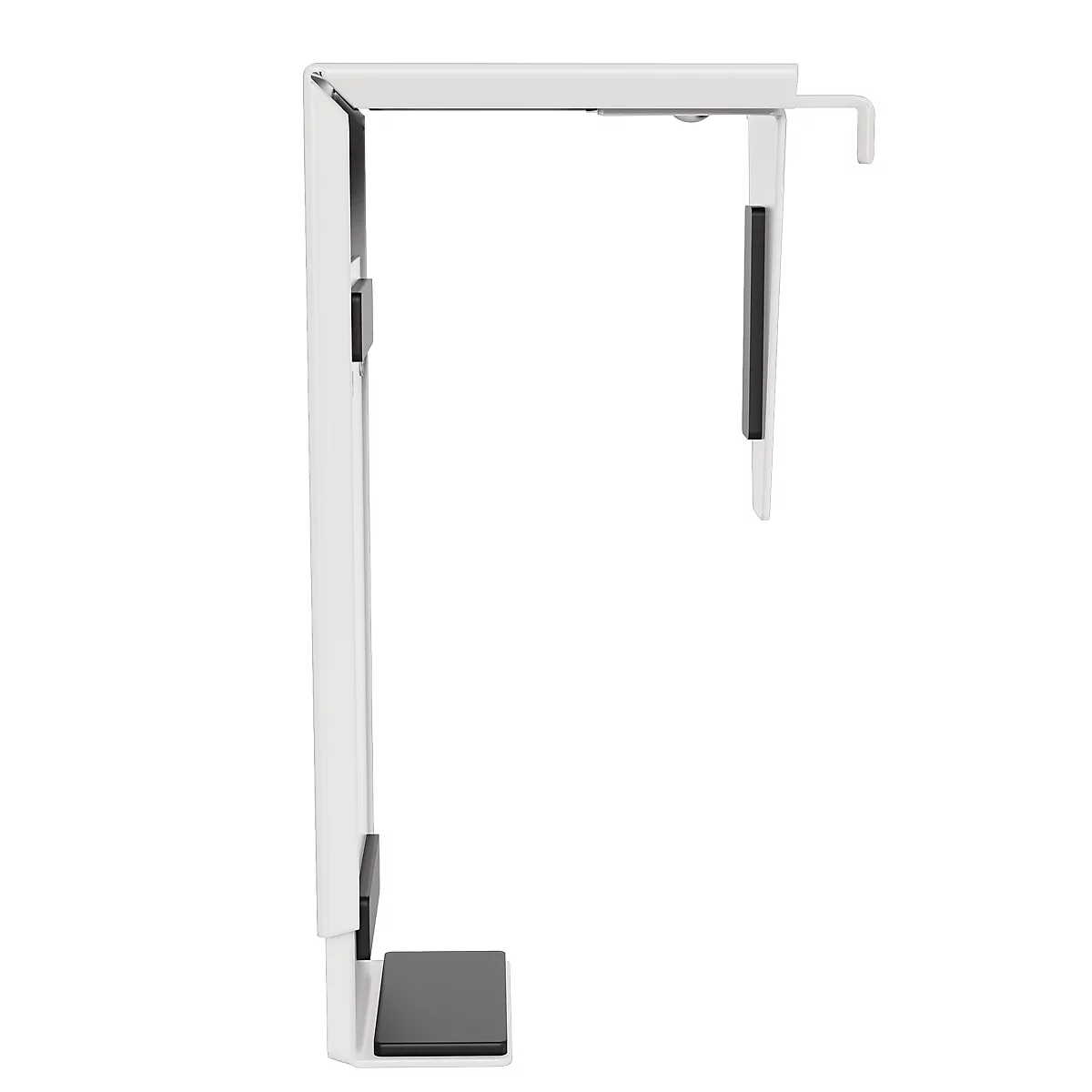 Un bureau à hauteur réglable avec deux moniteurs. Le bureau est de couleur claire et possède des pieds blancs.