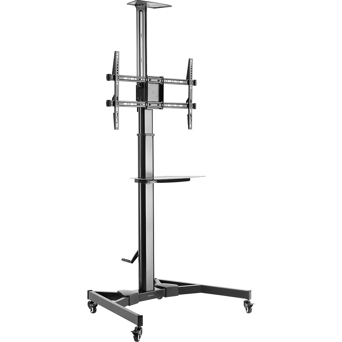 Gros plan d'une manivelle noire sur un objet noir. La manivelle a un trou ovale et une poignée rainurée.