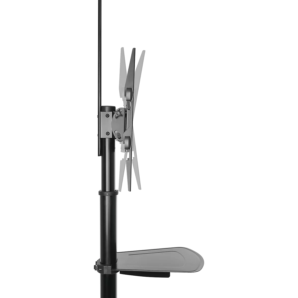 Vue latérale d'un support TV. Noir, avec des éléments argentés tenant un écran. Une télécommande est sur une étagère.