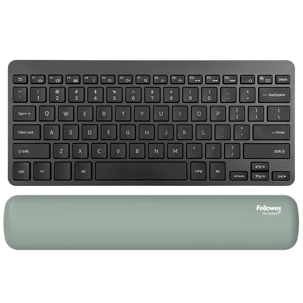 Draufsicht auf eine schwarze Tastatur und eine grüne Handgelenkauflage. Auf der Auflage steht 'Fellowes'.