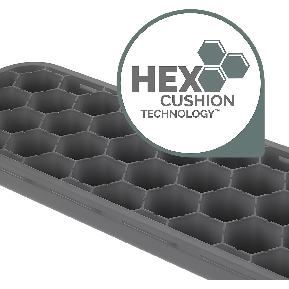 Detailaufnahme einer grauen Wabenstruktur, ergänzt durch einen Kreis mit der Aufschrift: HEX CUSHION TECHNOLOGY.