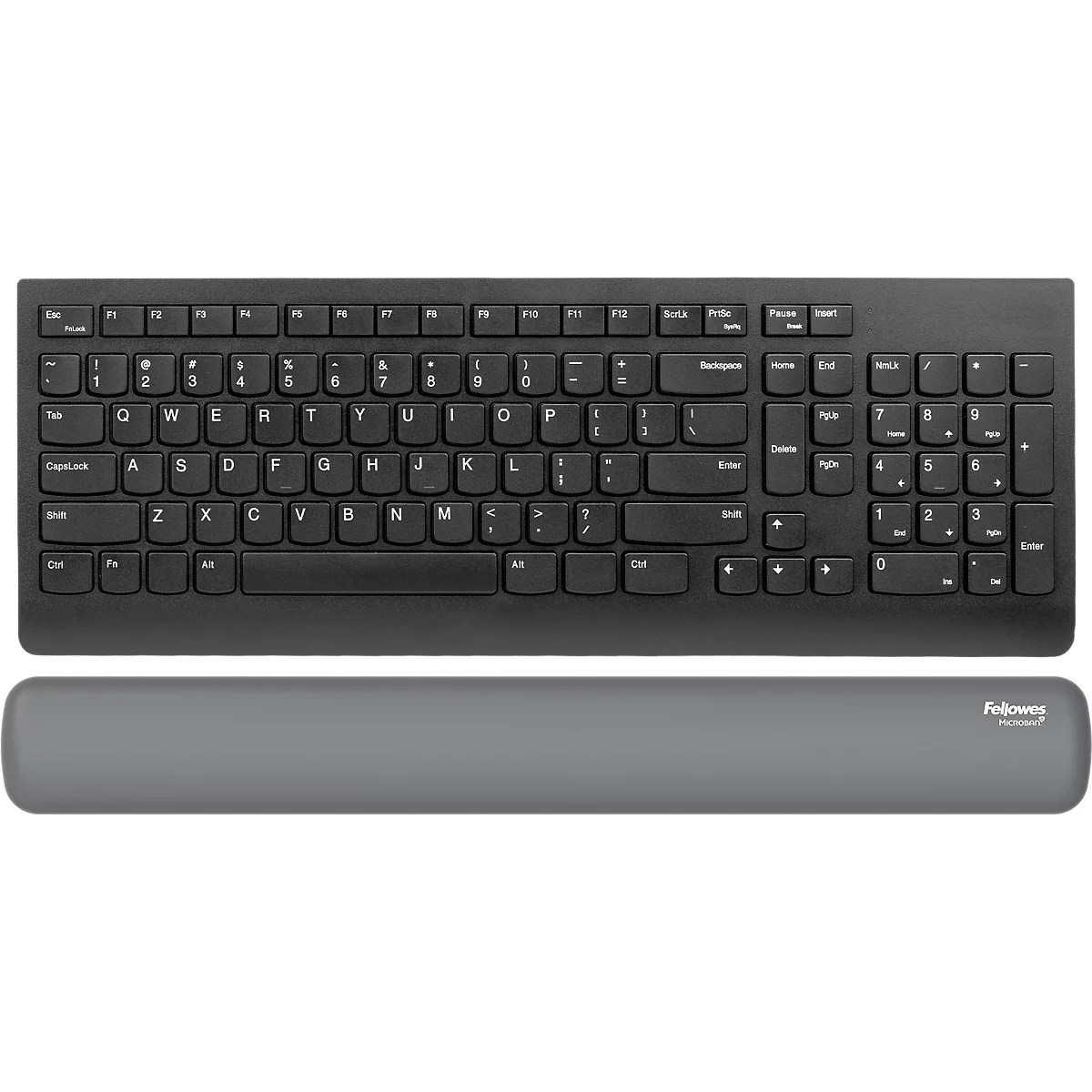 Schwarze Computertastatur mit Handgelenkauflage, im Detail sichtbar. Auf der Auflage steht Fellowes.