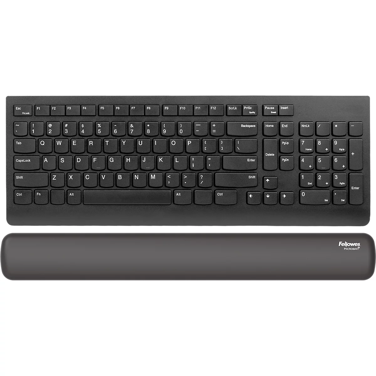 Schwarze Tastatur mit Handgelenkauflage. Beschriftung der Tasten in Weiß. Marke Fellowes auf dem Pad.