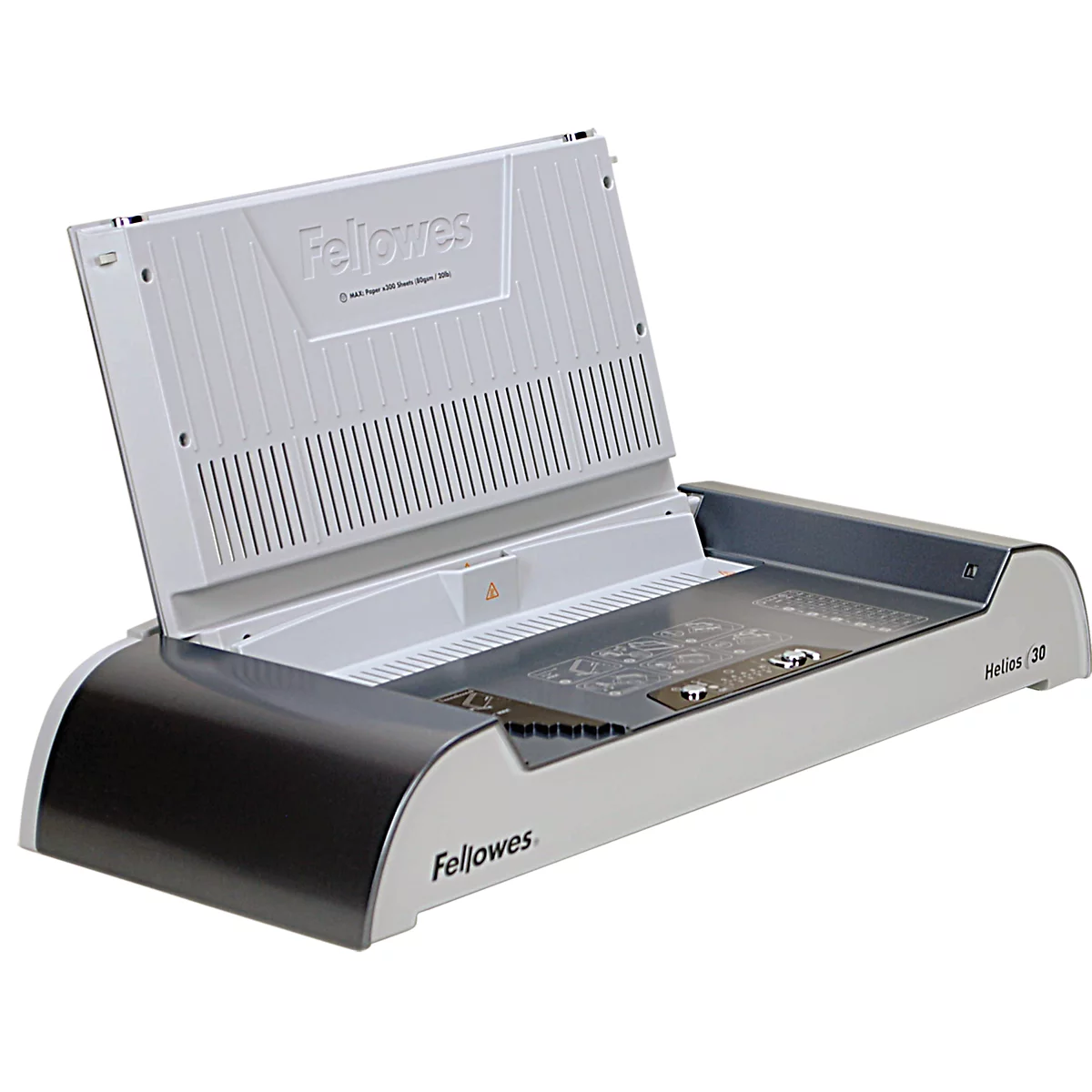 A grey and black Fellowes binding machine with the lid open.