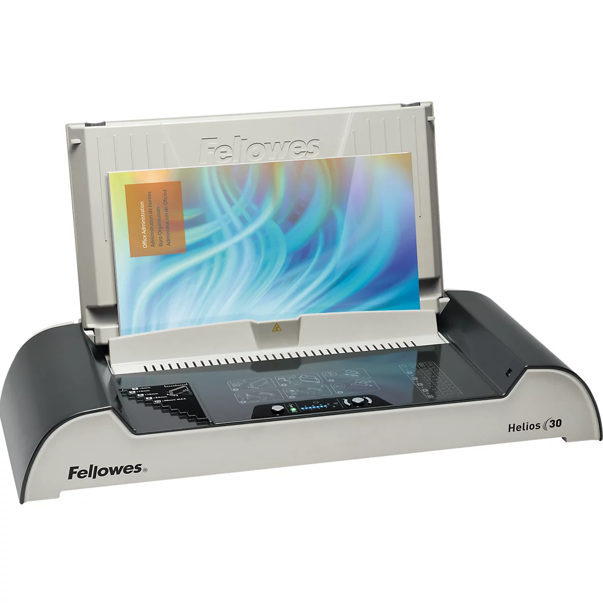 Fellowes laminator. A sheet with a blue pattern is being laminated.