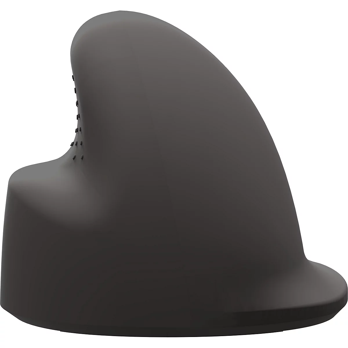 Ergonomische, grijze verticale muis. Scrollwiel bovenaan, een uitsparing aan de zijkant. USB-C-poort onderaan.