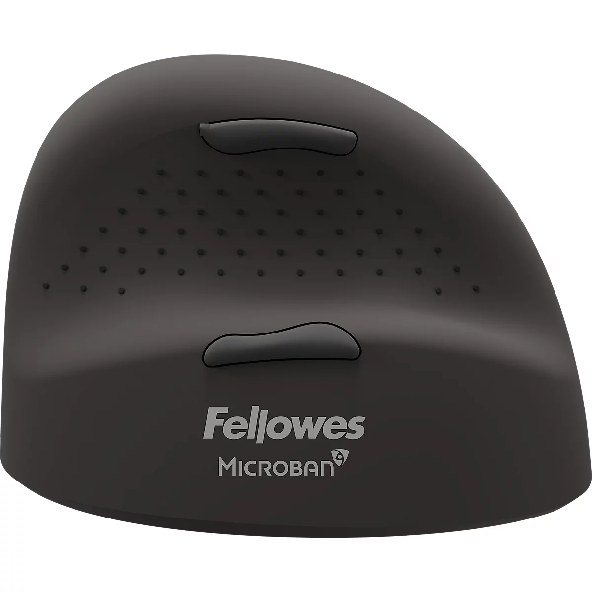 Ergonomische, graue Maus. Zwei Tasten, Name Fellowes und Microban.