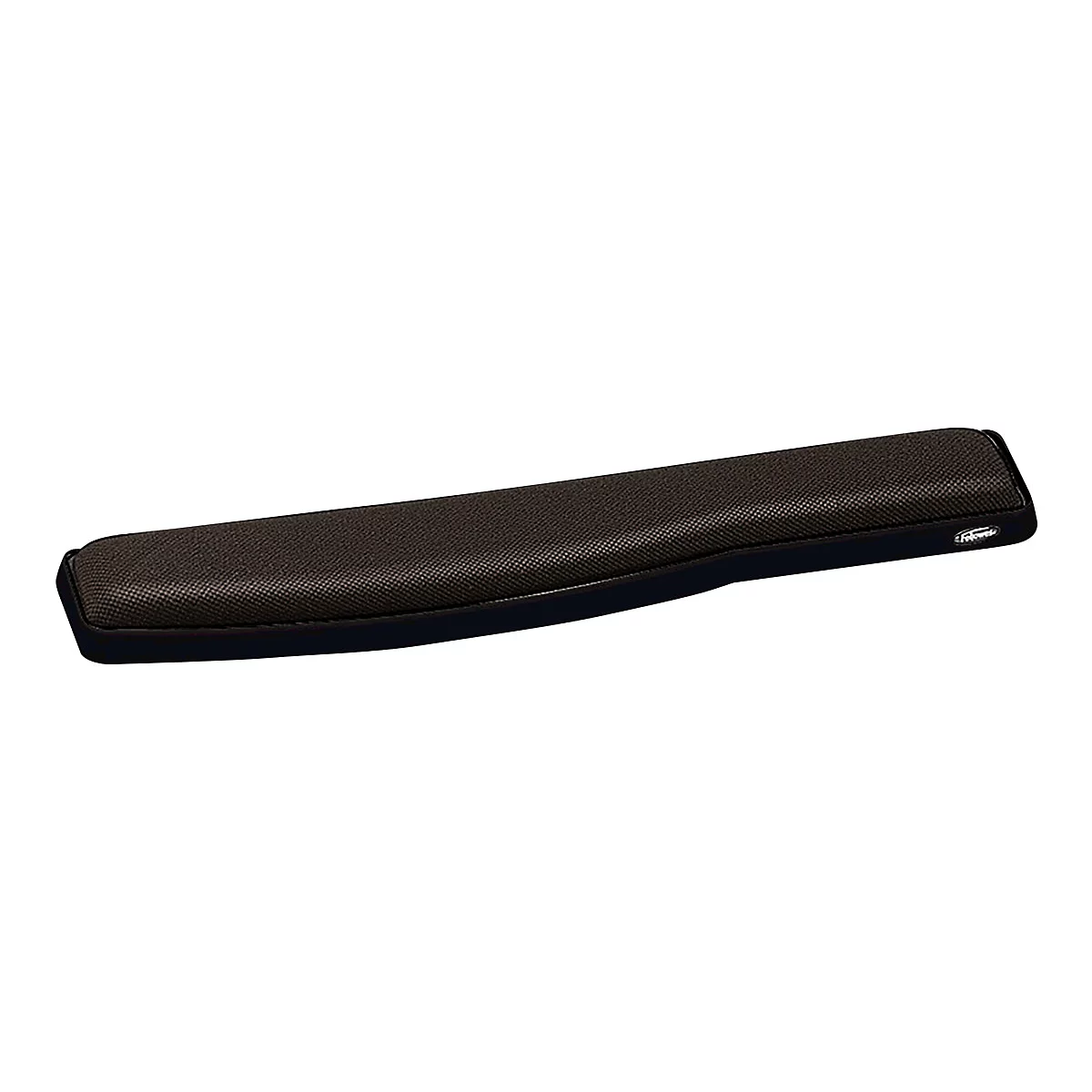 Schwarze, ergonomische Tastatur-Handballenauflage mit Stoffoberfläche und kleinem Markenlogo vor weißem Hintergrund.