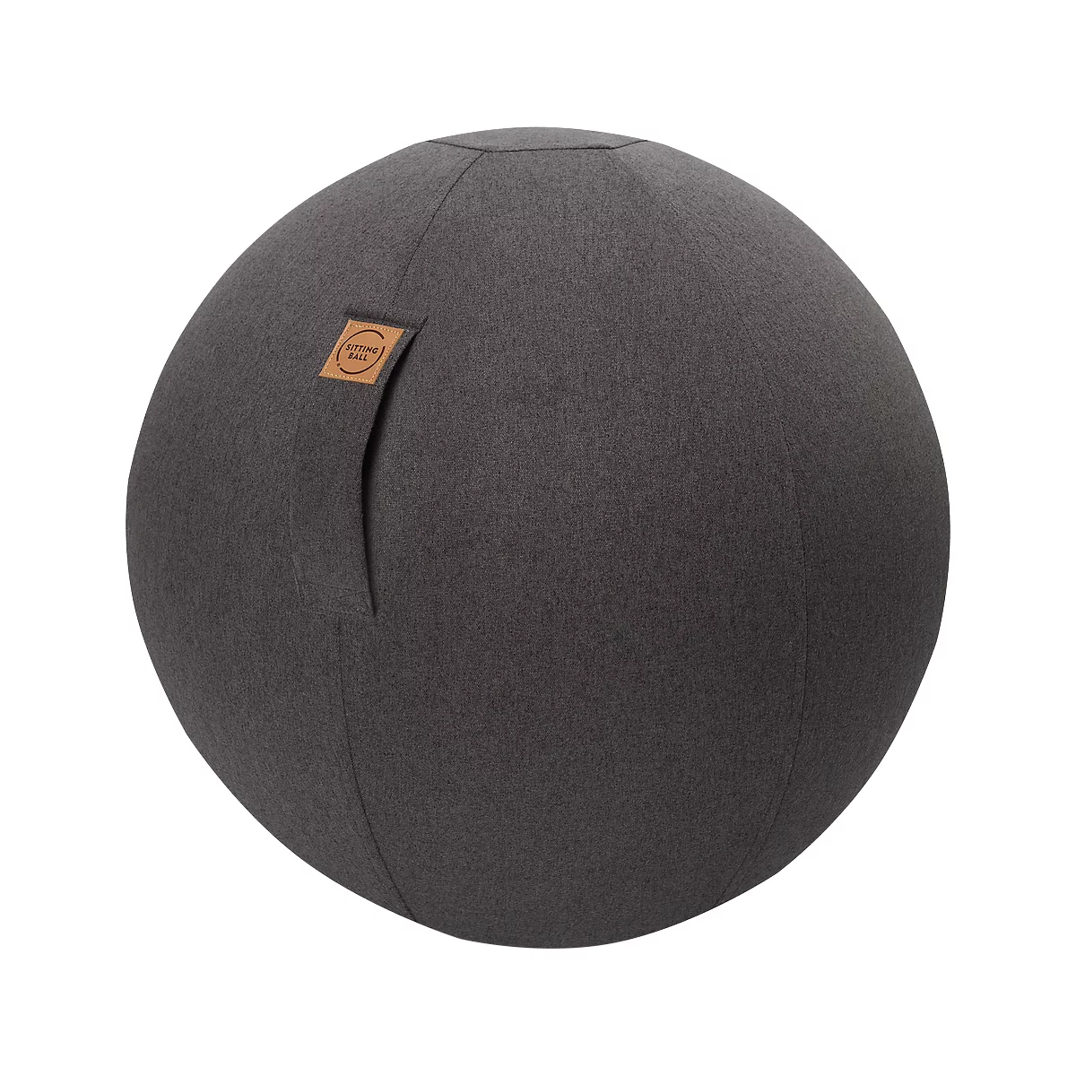 Dark gray exercise ball with leather label and loop.